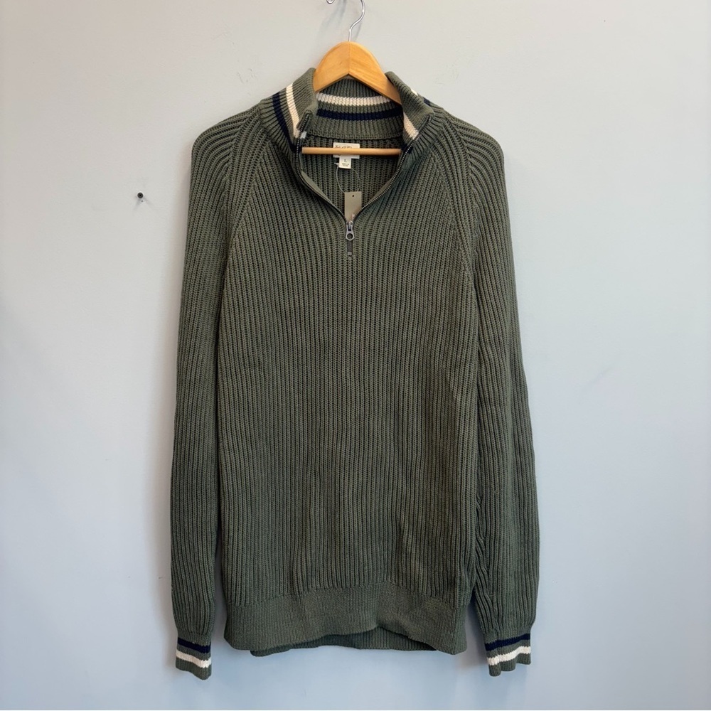NWT J Crew Sweater Striped Green Mens Large Chunky Knit 1/4 Zip Mock Neck